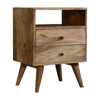 Solid Mango Wood Bedside Table with 2 Smooth‑Gliding Drawers and Open Shelf, Hand‑Finished Desk with Durable Storage, 35L x 45W x 60H cm, Brown(m-6)