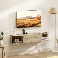 HOMCOM Móvel de Tv Suspenso Móvel para Tv 50" Gaveta Prateleiras Passagens para Cabos 120x24x22,4cm Efeito Madeira Natural(m-5)