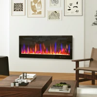HOMCOM Cheminée électrique mural ou encastrable 900W/1800W, effet flamme à 12 couleurs 5 luminosités, 106,7x9,4x47cm, noir(m-2)