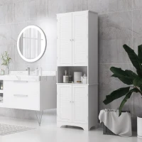 HOMCOM Tall Freestanding Bathroom Cabinet Retro Shutters w/ 3 Compartments Shelves Elevated Base Narrow Organiser White 60L x 30W x 182.5H cm(m-11)