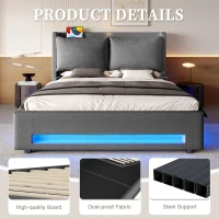 Modern Upholstered Bed with Headboard Shelf and Dual USB‑C Ports, Double Bed with LED Lighting, 142.5L x 200W x 114H cm, Dark Gray(m-5)