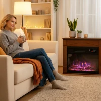 HOMCOM Lareira Elétrica 1000W/2000W Lareira Falsa com Efeito de Chama 3D a 6 Cores e 3 Luminosidades 68,5x27,5x63cm Castanho(m-5)