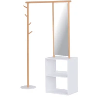 HOMCOM Cabideiro Móvel de Entrada Vestiário Guarda-Roupa com Espelho 4 Ganchos 2 Nichos 100x34x164 cm Mdf Branco Madeira Maciça Bambu(m-6)
