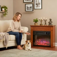 HOMCOM Lareira Elétrica 1000W/2000W Lareira Falsa com Efeito de Chama 3D a 6 Cores e 3 Luminosidades 68,5x27,5x63cm Castanho(m-2)