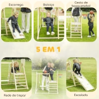 AIYAPLAY Escorrega Infantil 5 em 1 Estrutura de Escalada de Madeira com Escorrega Baloiço Cesto de Basquetebol 140x172,5x116,5 cm Madeira(m-4)