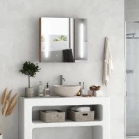 kleankin Specchiera Bagno con Luci LED Regolabili, 2 Ante e Mensola Regolabile, 70x15x65cm, Marrone(m-2)
