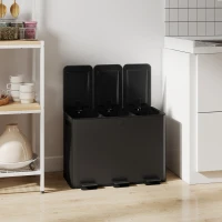 HOMCOM Poubelle de cuisine 45L avec 3 compartiments de 15L, couvercle, seaux intérieurs amovibles, 3 x 15L, noir(m-9)