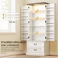 HOMCOM Buffet haut cuisine, armoire de cuisine, LED à capteur, 2 portes, tiroirs et étagères réglables, 76x39,5x183cm, blanc(m-6)