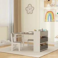 AIYAPLAY Ensemble table et 2 chaises enfant en bois avec rouleau de papier, étagères et tiroirs, pour fille garçon 3-8 ans, gris(m-10)
