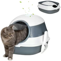 PawHut Maison de toilette pour chat pliable porte battante lucarne + pelle fournis 52 x 41 x 38 cm gris blanc(m-1)