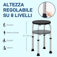 HOMCOM Sgabello da Doccia Antiscivolo e Regolabile su 8 Altezze, in Alluminio e PE, 32.5x41x35.5-54 cm, Nero(m-7)