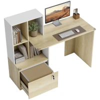 HOMCOM Secretária para Computador com Estante de 4 Compartimentos e Gaveta Trancável 126x50x109 cm Carvalho e Branco(m-7)
