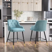 HOMCOM Conjunto de 2 Banquetas de Bar Cadeiras Altas Capitonadas com Apoio para os Pés Apoios de Braço 52,5x51,5x102 cm Azul(m-6)