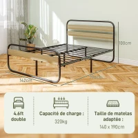 HOMCOM Cama Casal 140x190 cm Estrutura em Aço Estilo Industrial Cabeceira e Estrado Incluídos Efeito Madeira(m-3)