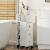 HOMCOM Móvel de Casa de Banho com Rodas Móvel de Arrumação Estreito 3 Gavetas 5 Compartimentos Abertos 20x40x80cm Branco(m-4)