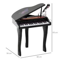 HOMCOM Piano de Cauda Eletrônico 37 Teclas Multifuncional com Microfone Alto-Falante Banqueta Luz Led para 3 a 6 Anos Preto(m-3)