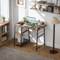 HOMCOM Bureau d'ordinateur, bureau avec rangement  industriel 120 x 60 cm, 2 étagères et cadre en acier, marron(m-10)