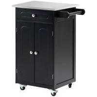 HOMCOM Carrinho de Cozinha com Rodas Multi-Armazenamento 1 Gaveta Armário 2 Portas com Prateleira Porta-Toalhas Mdf Preto(m-8)