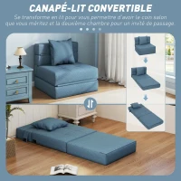 HOMCOM Chauffeuse canapé-lit convertible fauteuil 1 place avec 1 coussin déhoussable, tissu bleu foncé(m-4)