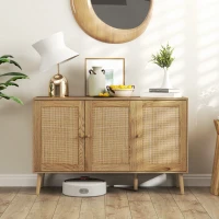 HOMCOM Buffet salon meuble de rangement avec placards à portes en rotin et étagère réglable, bois naturel(m-10)