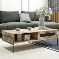 HOMCOM Table Basse rectangulaire table de salon Style Industriel Niche tiroir Coulissant métal Noir Panneaux Particules Aspect Vieux Bois veinage(m-6)