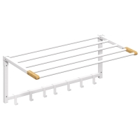 HOMCOM Toallero de Pared Plegable con 5 Barras y 6 Ganchos en Madera y Acero, 60x32,5x20 cm, Blanco