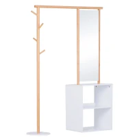 HOMCOM Cabideiro Móvel de Entrada Vestiário Guarda-Roupa com Espelho 4 Ganchos 2 Nichos 100x34x164 cm Mdf Branco Madeira Maciça Bambu(m-7)