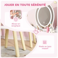 AIYAPLAY Coiffeuse pour enfant 2 en 1 bureau enfant fille avec miroir à LED 3 couleurs et tabouret 60x30x99,3 cm blanc(m-7)