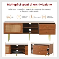 Mobile TV Moderno Design in Rattan con Porte Scorrevoli, Cassetti e 4 Ripiani, Piedi in Metallo, 160x40x60 cm, Color Noce(m-7)