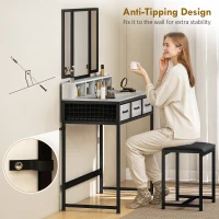 HOMCOM Toeletta per Trucco con Specchio Trifacciale Smontabile Sgabello 3 Cassetti in Tessuto Porta Asciugacapelli Grigio(m-4)