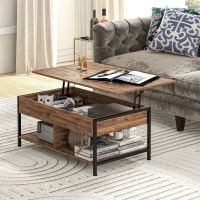 HOMCOM Table basse relevable table de salon compartiment caché 2 étagères inférieures 100 x 80 x 60 cm marron rustique noir(m-10)