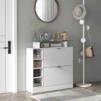 HOMCOM Meuble à chaussures avec 2 tiroirs rabattables 12 paires, plateau en verre et étagères réglables, 89 x 25 x 92 cm, blanc(m-10)