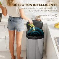 HOMCOM Poubelle cuisine automatique 55L en acier inoxydable, poubelle à couvercle à fermeture en douceur, 38x28,5x69cm, argent(m-4)
