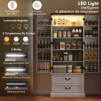 HOMCOM Buffet haut cuisine, armoire de cuisine, LED à capteur, 2 portes, tiroirs et étagères réglables, 76x39,5x183cm, blanc(m-4)