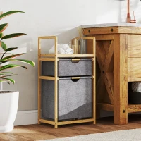 HOMCOM Panier à linge en bambou corbeille à linge sale avec 2 sacs en tissu coulissants et étagère à lattes, naturel(m-10)