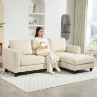 HOMCOM Canapé d'angle en velours côtelé 3 places avec méridienne et coussin à ressorts épais, largeur 214 cm, beige(m-10)