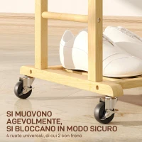 HOMCOM Servomuto 4 in 1 a Rotelle con 2 Aste, Vassoio Svuota Tasche e Ripiano per Scarpe, in Bambù, 47x33.7x105.5 cm(m-5)