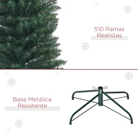 HOMCOM Árbol de Navidad Artificial Estrecho 210 cm con 510 Ramas, Base Plegable y Soporte Metálico Fácil Montaje Verde(m-7)