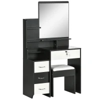 HOMCOM Toucador de Maquilhagem com Banqueta Estofada Espelho Grande Várias Prateleiras Abertas 4 Gavetas Branco Preto(m-8)