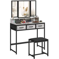 HOMCOM Toeletta per Trucco con Specchio Trifacciale Smontabile Sgabello 3 Cassetti in Tessuto Porta Asciugacapelli Grigio(m-5)