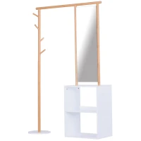 HOMCOM Cabideiro Móvel de Entrada Vestiário Guarda-Roupa com Espelho 4 Ganchos 2 Nichos 100x34x164 cm Mdf Branco Madeira Maciça Bambu(m-1)