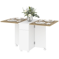 HOMCOM Table à manger pliable pour 6 personnes, table de cuisine sur roulettes avec 2 tiroirs 2 placards, 140x76x74cm, blanc