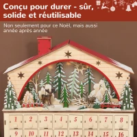 HOMCOM Calendrier de l'Avent lumineux, calendrier de l'Avent à remplir, 24 tiroirs, scène de village, 36x10x34cm, bois naturel(m-7)