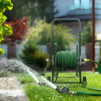 Outsunny Dévidoir de tuyau d'arrosage sur roues 30 m de tuyau de Ø 16mm dévidoir chariot enrouleur métal vert(m-10)