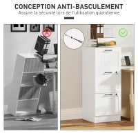 HOMCOM Caisson bureau, meuble rangement bois 3 tiroirs et serrure, barres de suspension réglables, 40 x 40 x 101 cm, blanc(m-7)