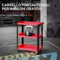 HOMCOM Carrello Porta Attrezzi a 3 Ripiani in Metallo e PP, 70.5x35x82.5 cm, Rosso e Nero(m-4)