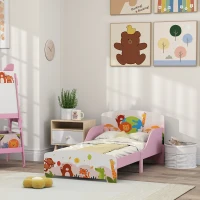 AIYAPLAY Cama Infantil Cama No Chão Estampa Animal 140x70 cm com Estrado de Ripas de Madeira Design Baixo Seguro Rosa(m-4)