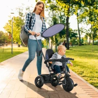 HOMCOM Triciclo Infantil Capota Dobrável Haste Removível Cesto de Armazenamento 105x47x98 cm Aço Azul e Preto(m-6)