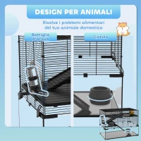 PawHut Gabbia per Criceti a 3 Livelli con Base in Vetro Temperato, Ruota e Accessori, 76.5x48.5x54.5 cm, Nero(m-5)