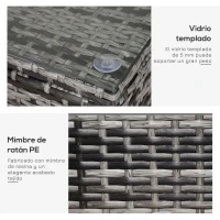Outsunny Mesa Exterior Terraza de Ratán Sintético Mesa Auxiliar con Vidrio Templado para Terraza Patio Balcón 85x50x39 cm Gris(m-4)